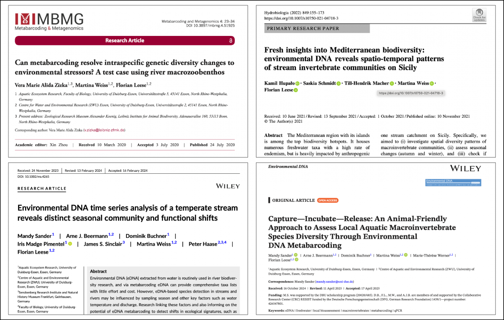 Screenshots von wissenschaftlichen Veröffentlichungen zum Thema Biomonitoring und Biodiversitätsforschung an denen Martina Weiss beteiligt war.