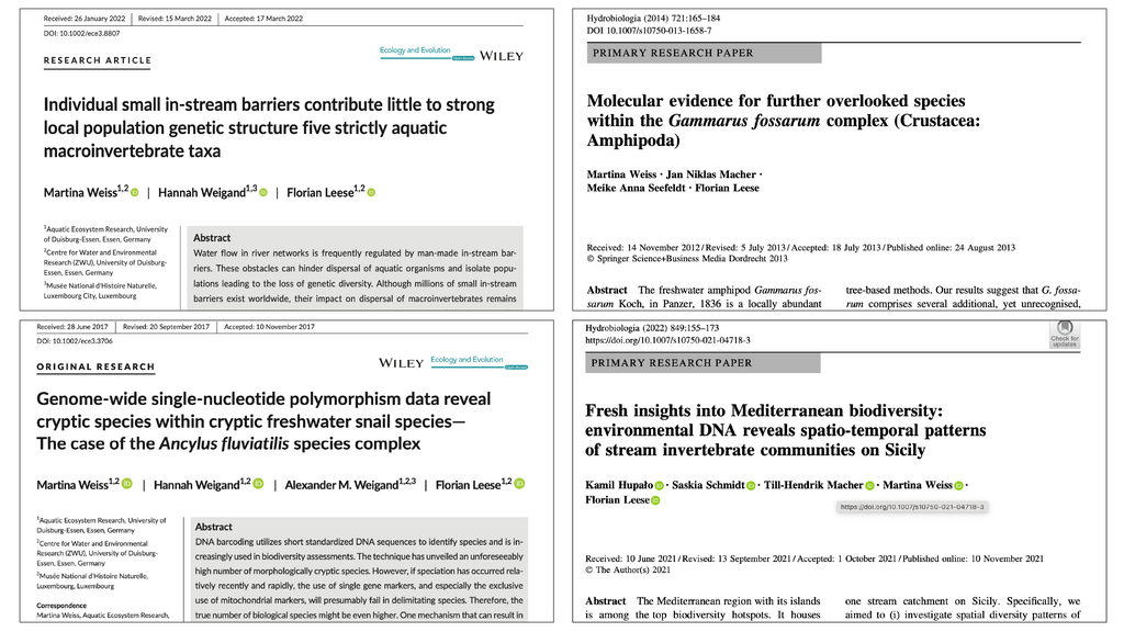 Screenshots vier verschiedener wissenschaftlicher Veröffentlichungen von Dr. Martina Weiss und weiteren Autoren und Autorinnen zu den Forschungsschwerpunkten: Populationsgenetik, kryptische Arten und Biomonitoring mit eDNA-Metabarcoding.